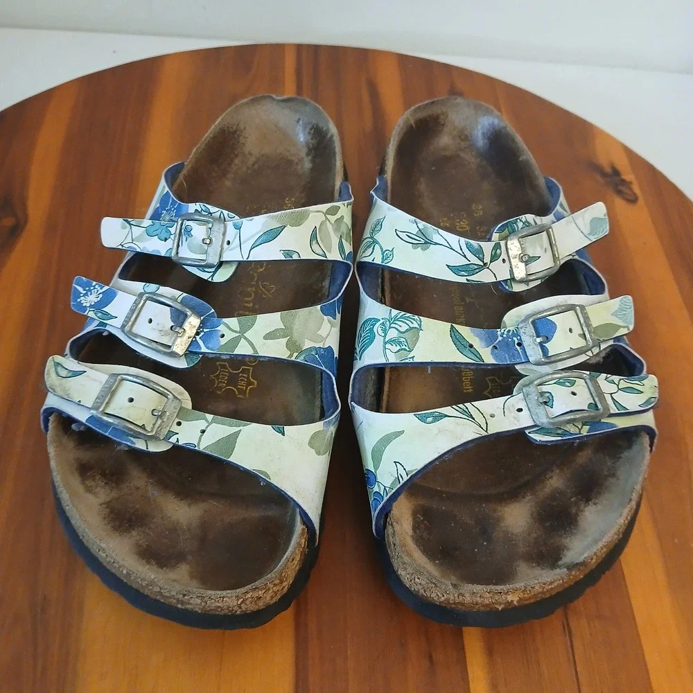 Papillio Birkenstock Florida Sandals Womens 36 Blue Floral Triple Strap Slides